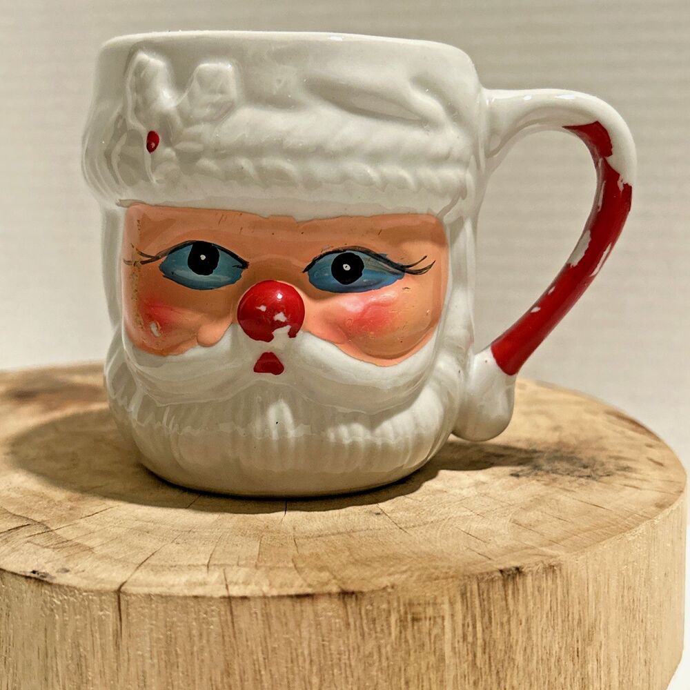Vtg Mid Century Ceramic Santa Face Mug Japan Faded Foil Label Christmas Kitsch